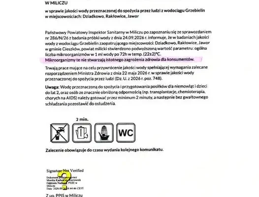Komunikat sanepidu w Miliczu: woda z wodociągu Grzebielin nadal wymaga przegotowania