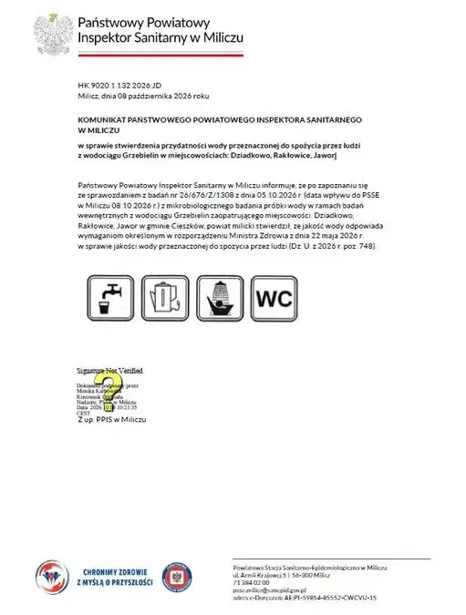 Woda z wodociągu Grzebielin w gminie Cieszków ponownie zdatna do picia