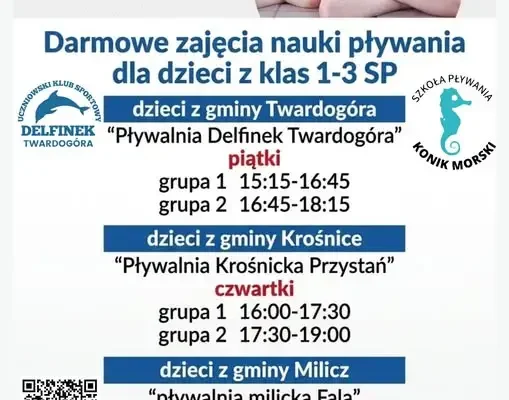 Darmowe lekcje pływania dla dzieci z klas 1-3 z gmin Twardogóra, Krośnice i Milicz