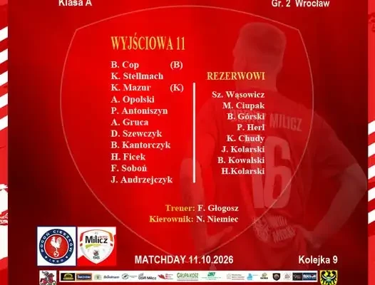 Skład Baryczy Milicz na derby z Pogonią – Klasa A, 9. kolejka