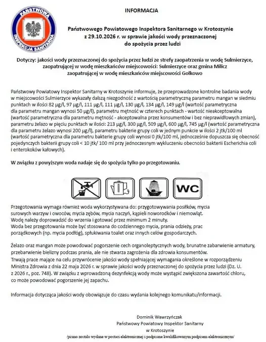 Woda w Gołkowie i Sulmierzycach niezdatna do picia bez przegotowania – komunikat sanepidu
